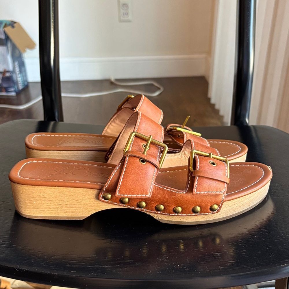 J. Crew platform buckle leather Stylish Tan brown Women clog Sandals sz 7.5 GUC!